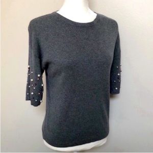 Grey pearl sleeved pullover sweater 3/4 length XS GRAY pearls embellished top